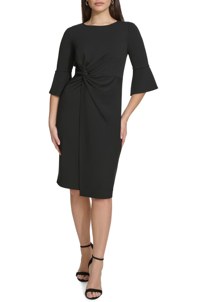 Kensie Elbow Length Bell Sleeve Sheath Dress, Main, color, Black
