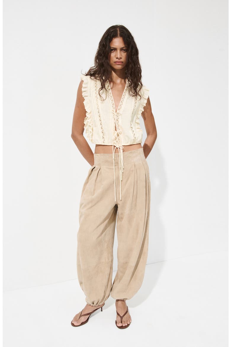Tie Front Ruffled Lace Trim Top, Alternate, color, ECRU