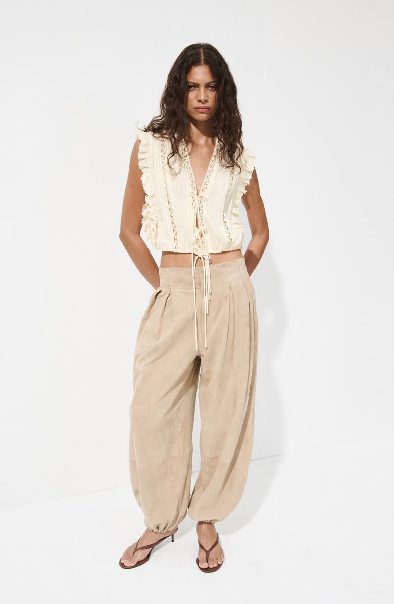 MANGO Tie Front Ruffled Lace Trim Top, Alternate, color,