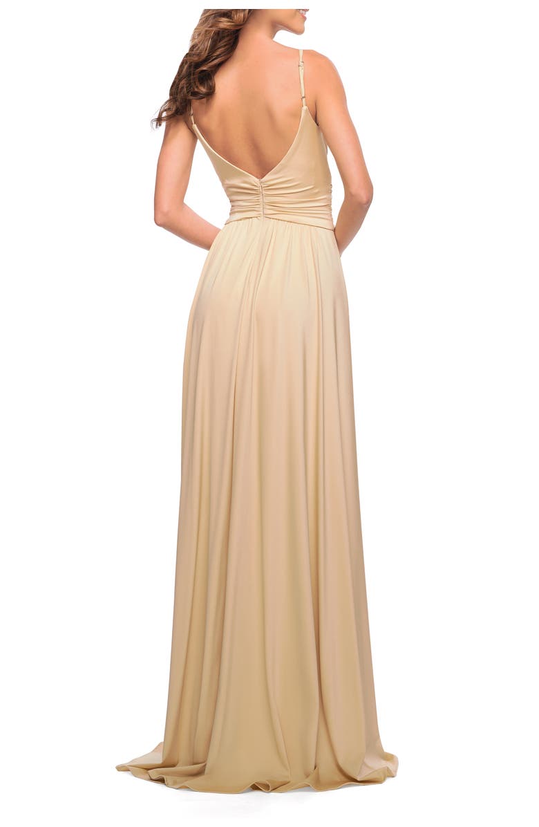 La Femme Elegant Criss-Cross Ruched Bodice Jersey Dress, Alternate, color, Light Gold