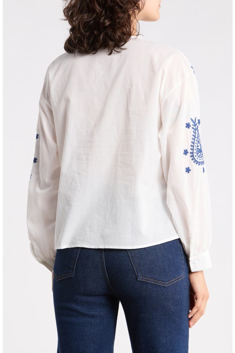 Embroidered V-Neck Cotton Top, Alternate, color, WHITE/ BLUE