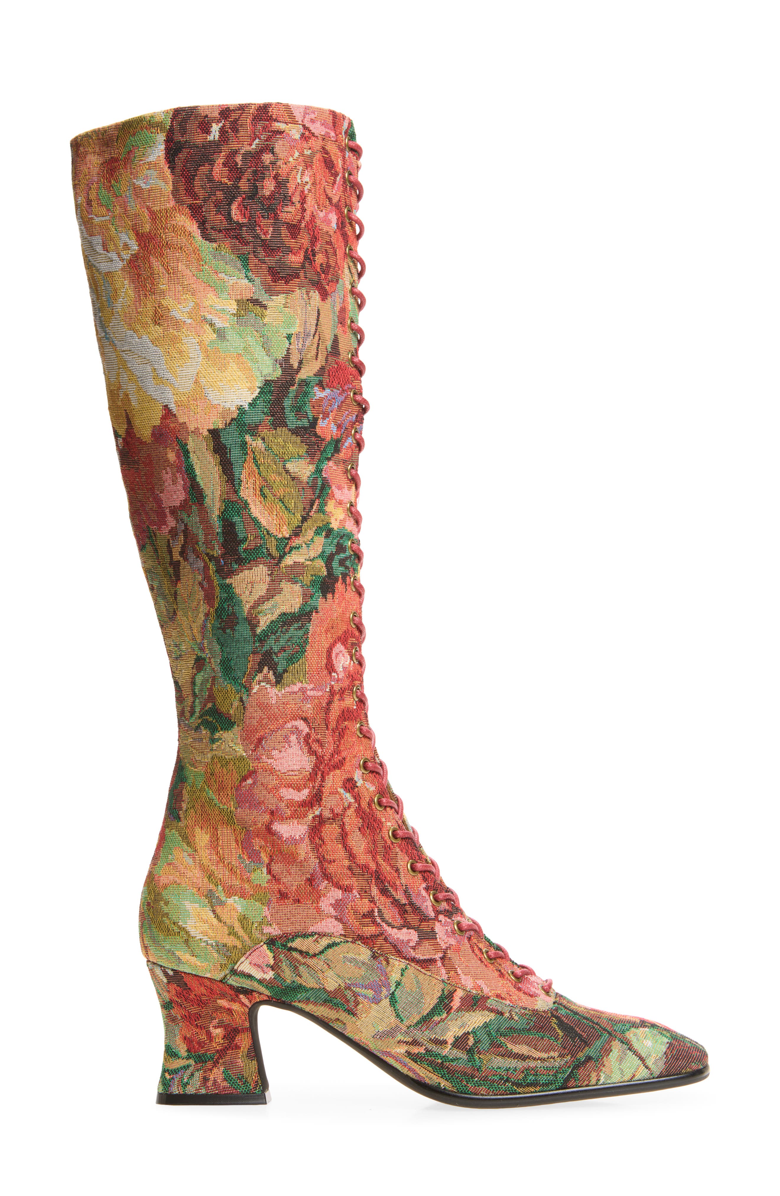 Damien-T Knee High Lace-Up Boot, Alternate, color, RED MULTI TAPESTRY