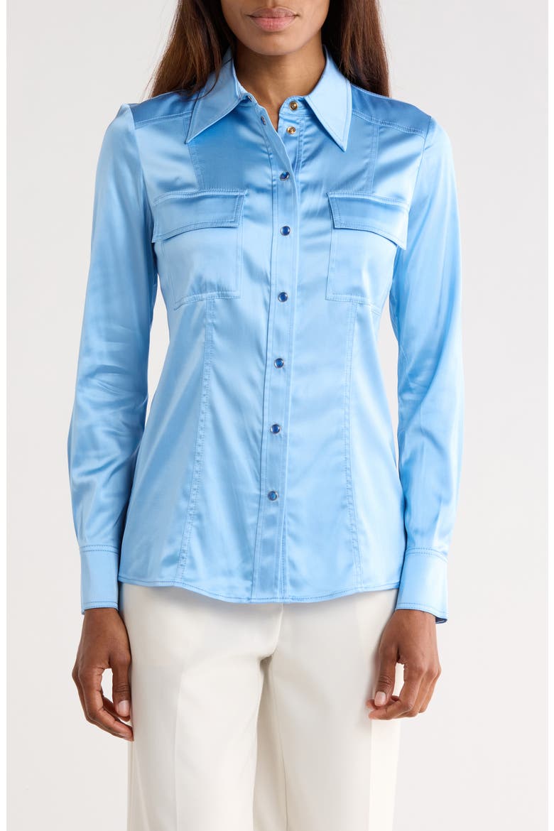 Toni Long Sleeve Snap Front Satin Shirt, Main, color, MISTY BLUE