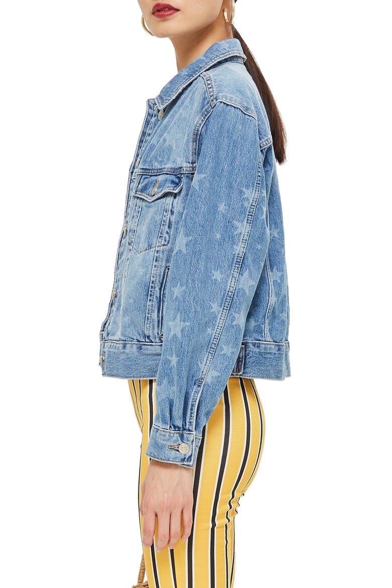 MOTO Laser Star Print Boxy Denim Jacket, Alternate, color, MID DENIM MULTI