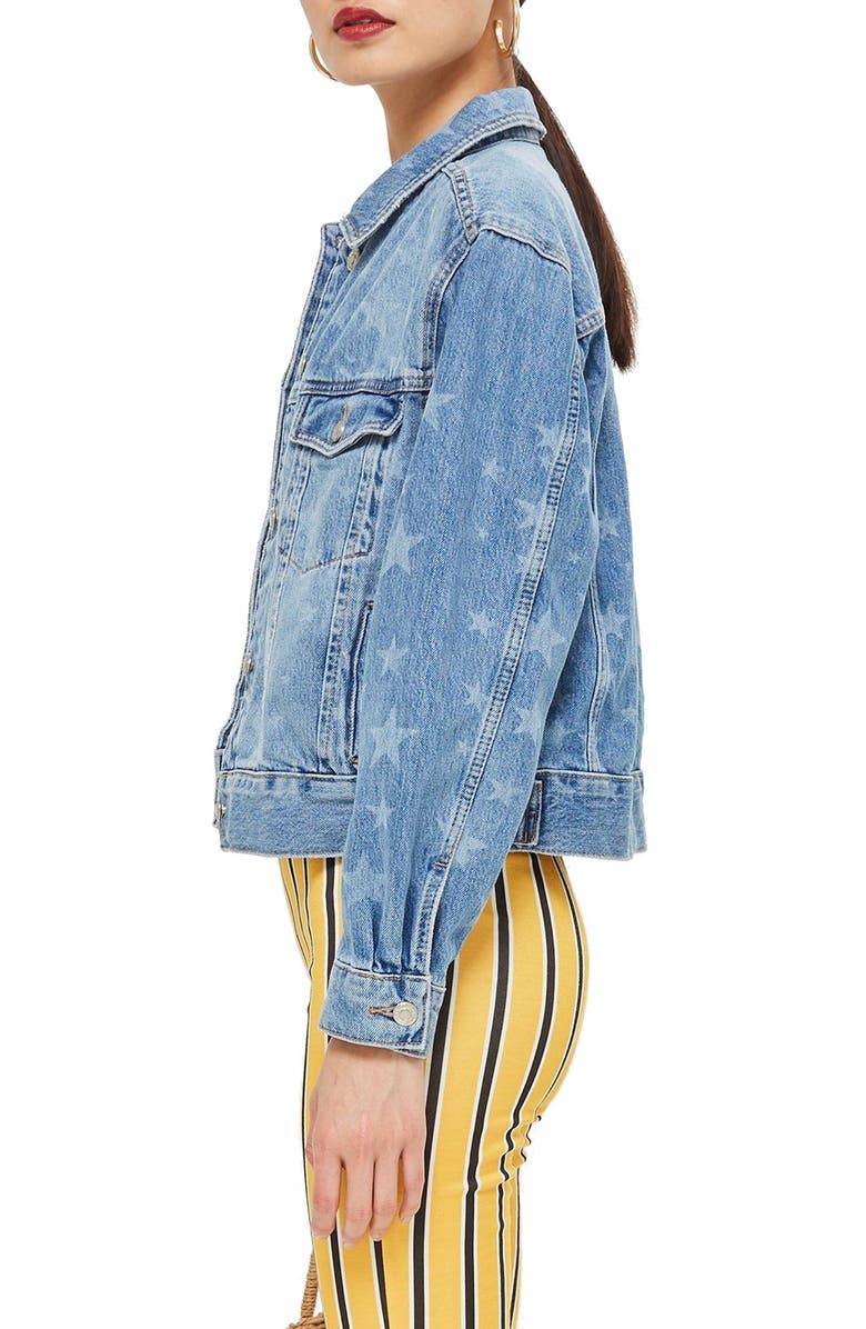 Topshop MOTO Laser Star Print Boxy Denim Jacket, Alternate, color, 