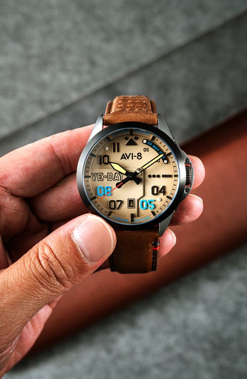 Avi-8 P-51 Mustang Patriot Automatic Ve-day 80th Anniversary Limited Edition Leather Strap Watch, 43 In Brown