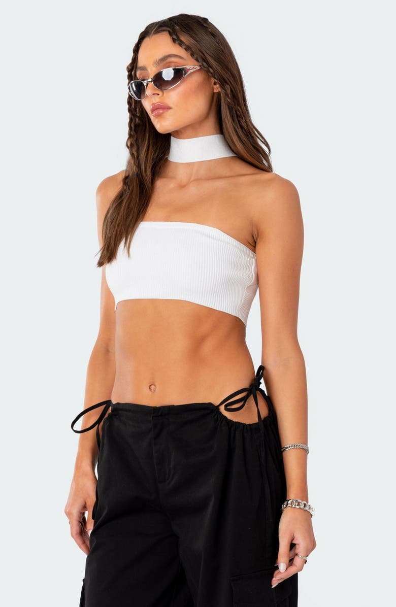 EDIKTED Westy Choker Rib Bandeau Crop Top, Alternate, color, White