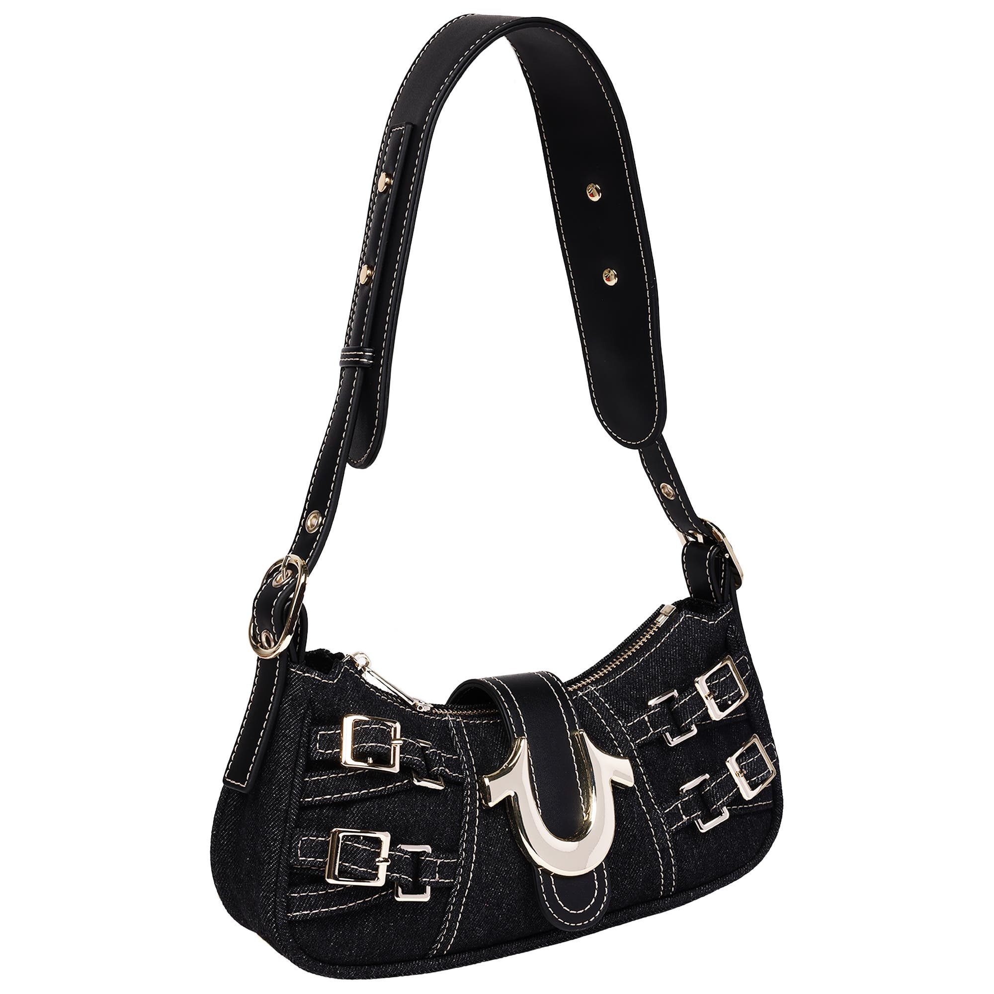 True Religion Multi-Strap Denim Shoulder Bag, Alternate, color, Black