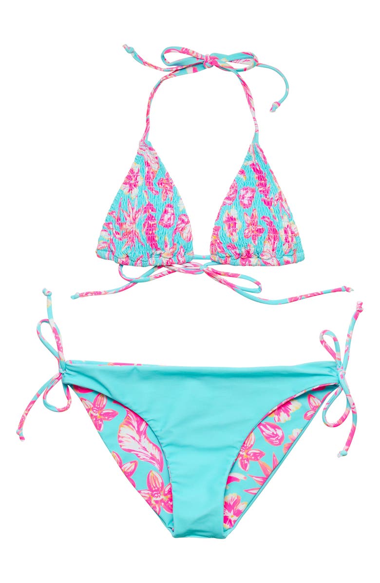 Snapper Rock Kids' Tropical Glow Triangle Two-Piece Swimsuit, Alternate, color, Blue