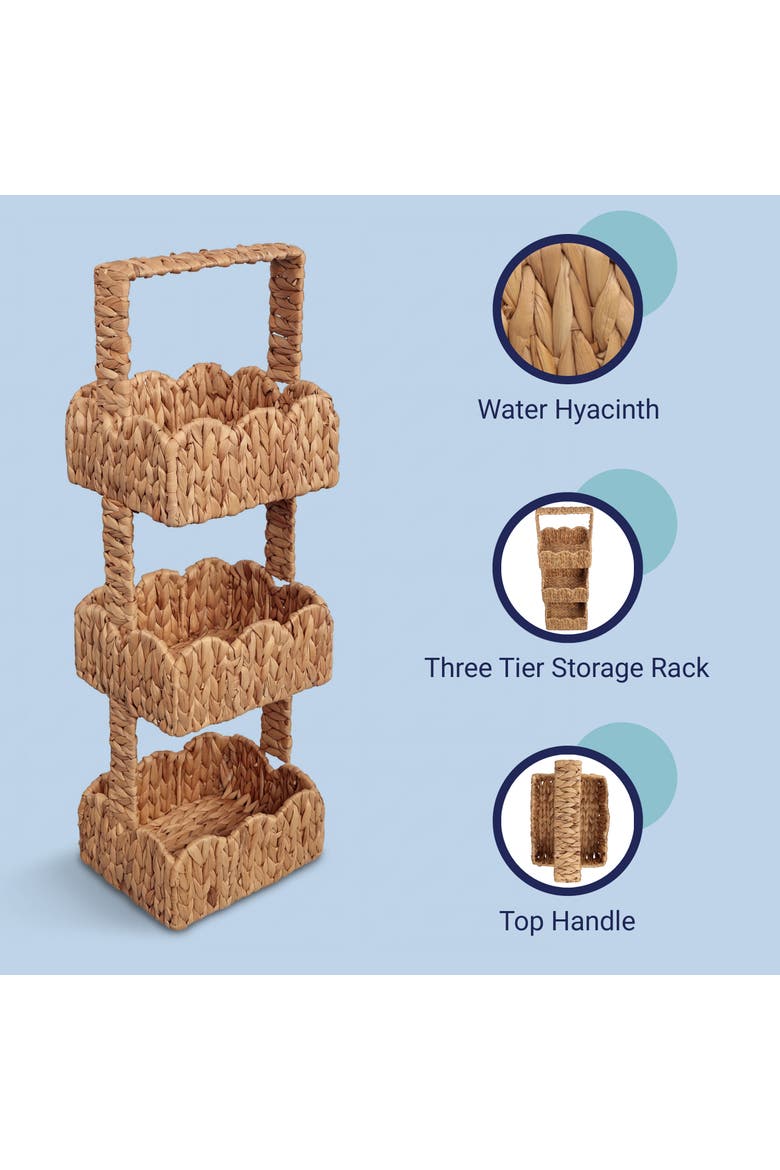 Terra Coastal Handwoven Water Hyacinth 3-Tier Scalloped Basket Freestanding Storage Tower Stand with Top Handle, Alternate, color, Natural