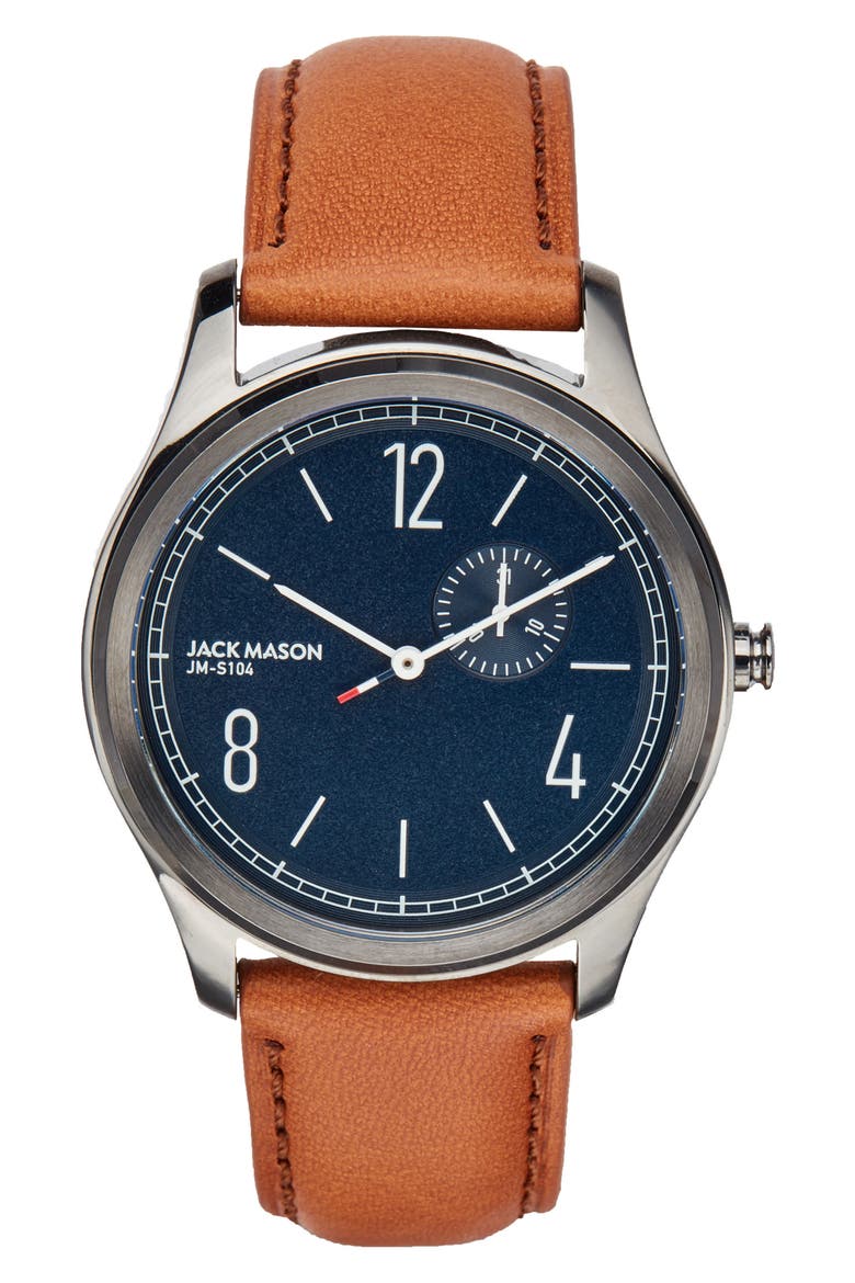 Slim Leather Strap Watch, 46mm, Main, color, NAVY/ TAN