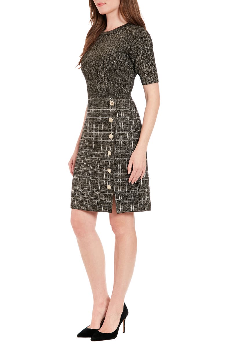 London Times Elbow Length Sleeve Side Button Dress, Alternate, color, Black/ Gold