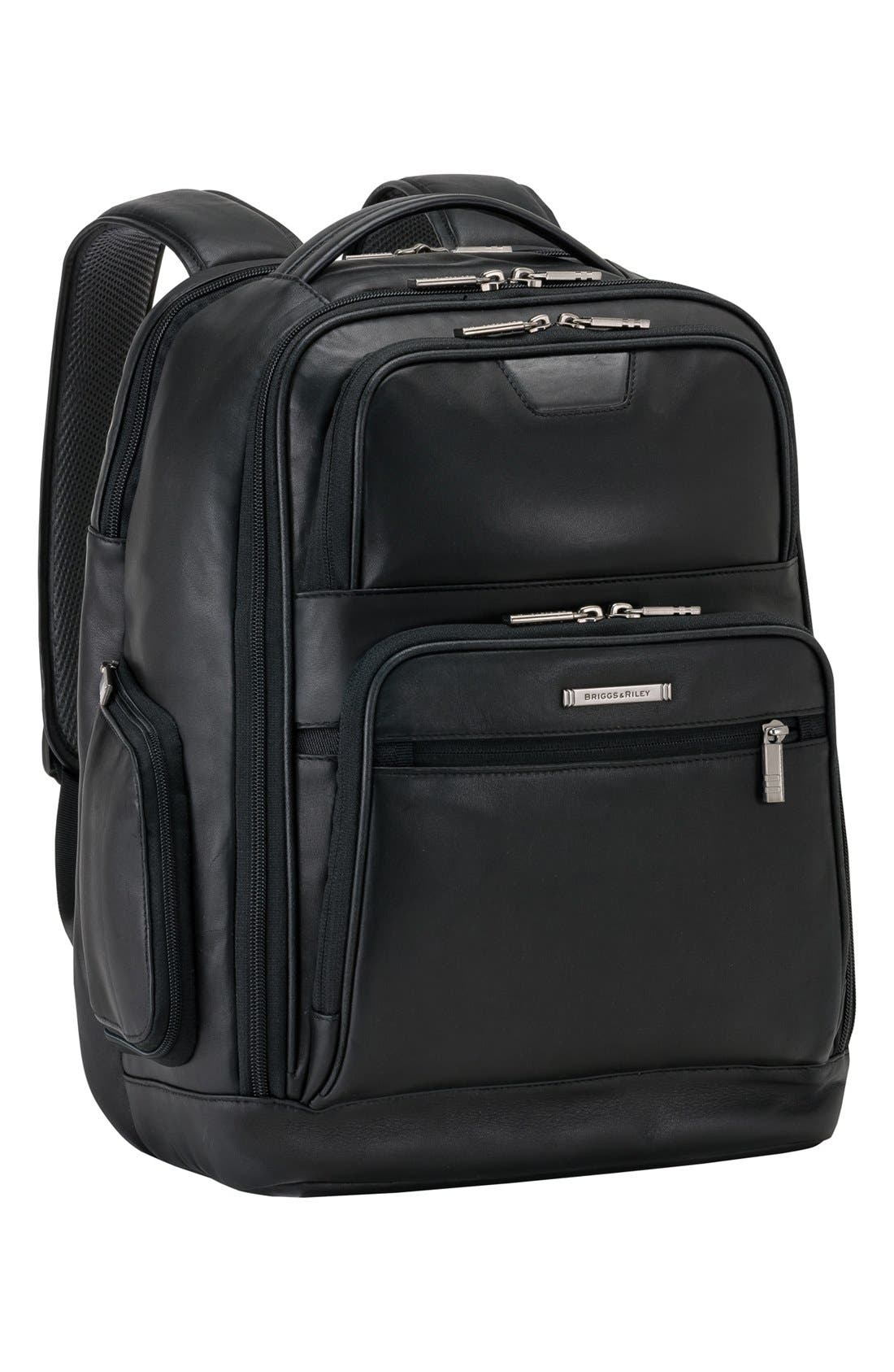 Briggs & Riley 'Medium' Leather Laptop Backpack, Main, color, 