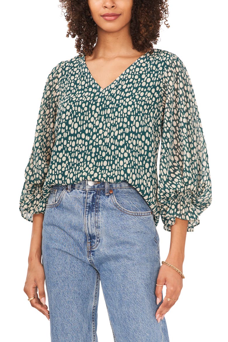 Bubble Sleeve Dot Print Blouse, Main, color, RICH SPRUCE