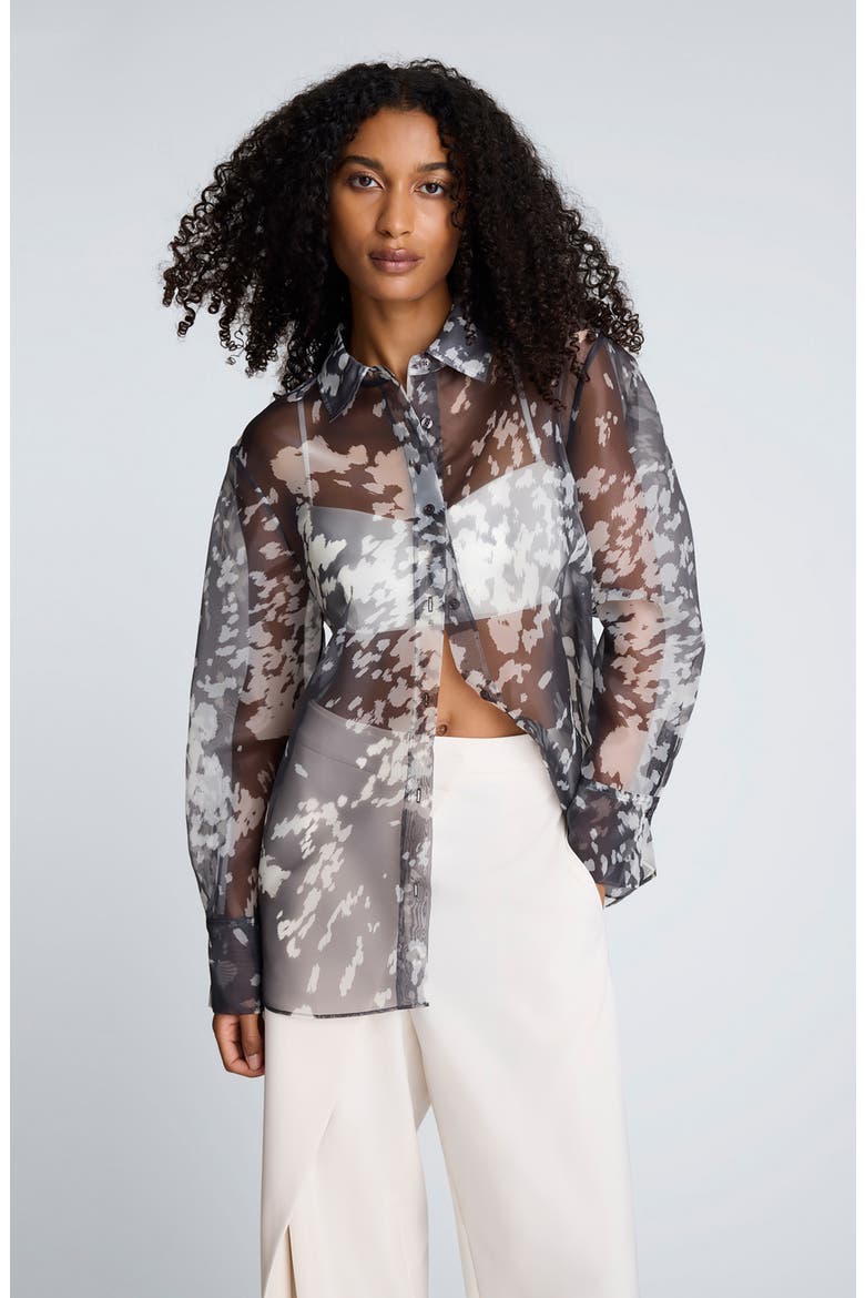 Print Sheer Button-Up Shirt, Alternate, color, MINK TAUPE/ OYSTER