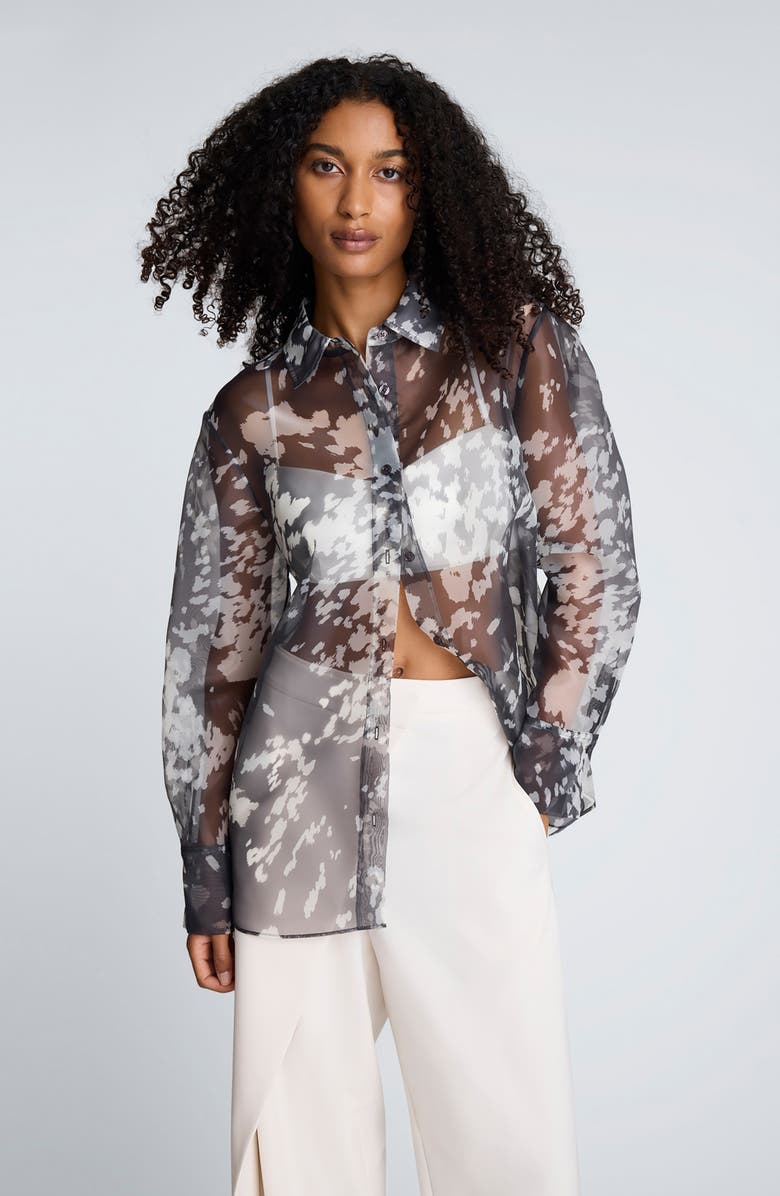 Kenneth Cole Print Sheer Button-Up Shirt, Alternate, color, Mink Taupe/ Oyster