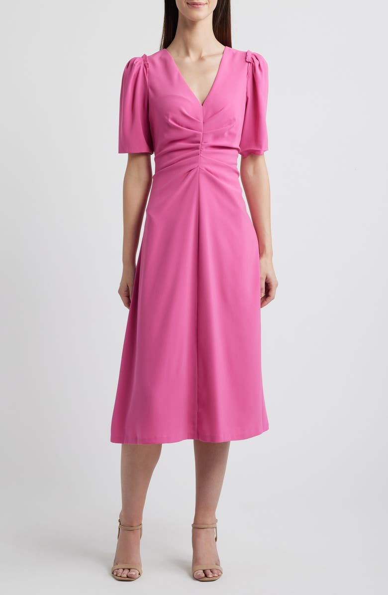 Vince Camuto Center Ruched Crepe Midi Dress, Main, color, Peony