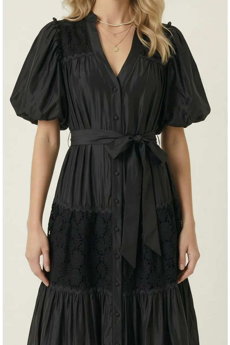 V-Neck Lace Paneling Midi Dress, Alternate, color, Black