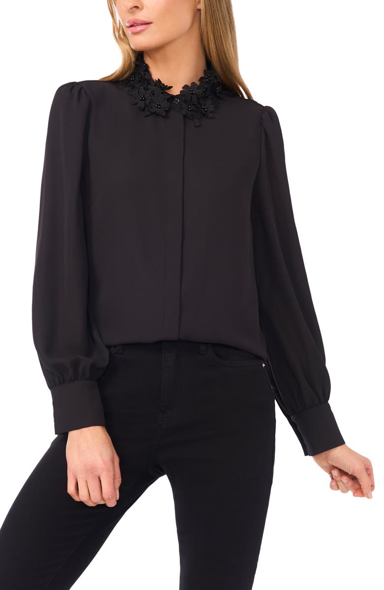 CeCe Embroidered Floral Lace Collar Georgette Button-Up Shirt, Main, color,