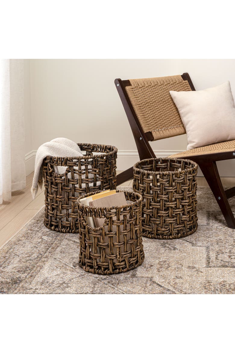Lasuna Coastal Bohemian Water Hyacinth Handwoven Checker Weave Nesting Baskets with Handles, Alternate, color, Brown