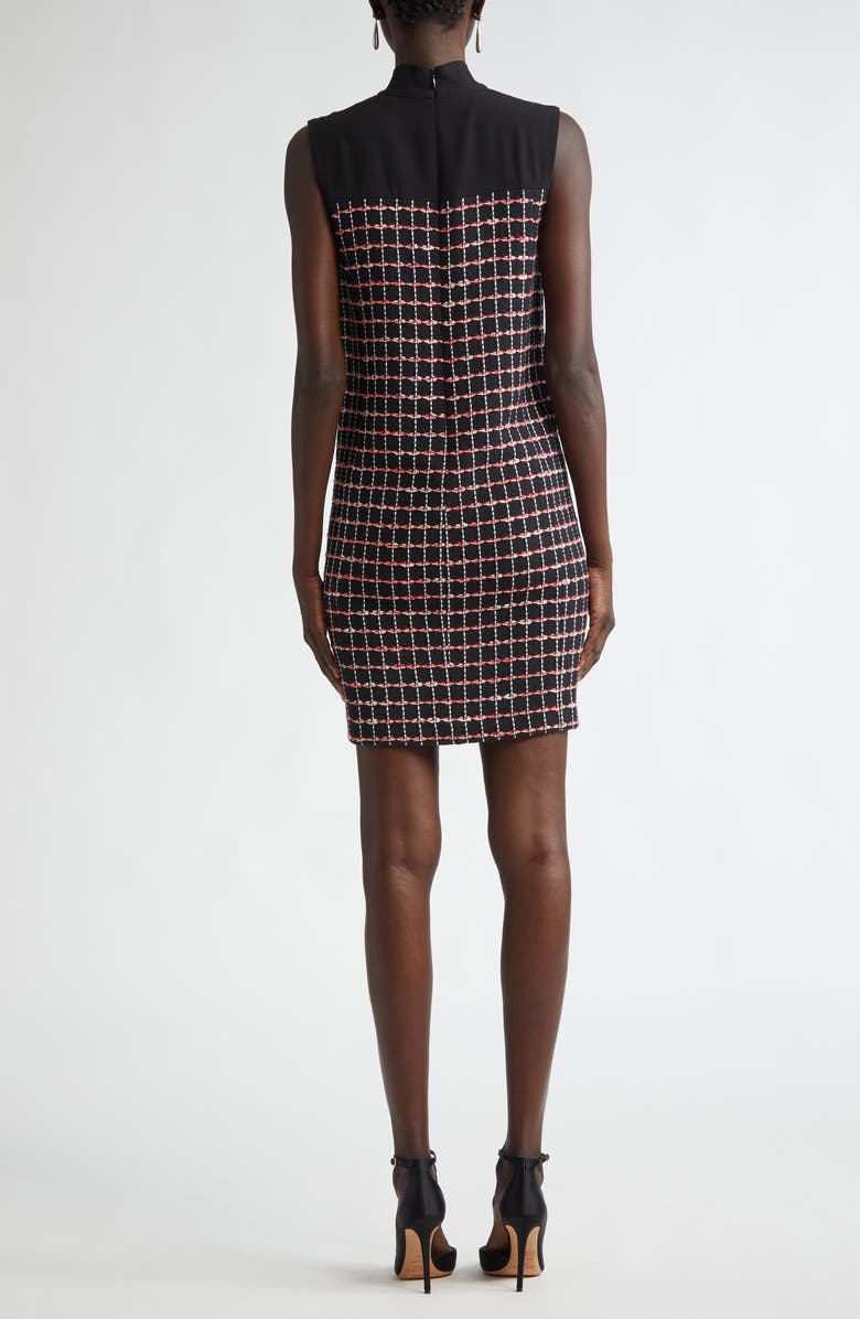 ST. JOHN Windowpane Check Mixed Media Sleeveless Sheath Dress, Alternate, color, Black/ Haute Red/ Pearl Multi