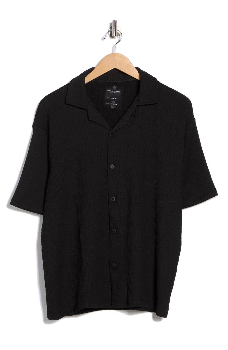 DENIM AND FLOWER Relaxed Fit Textured Camp Shirt, Alternate, color, Black