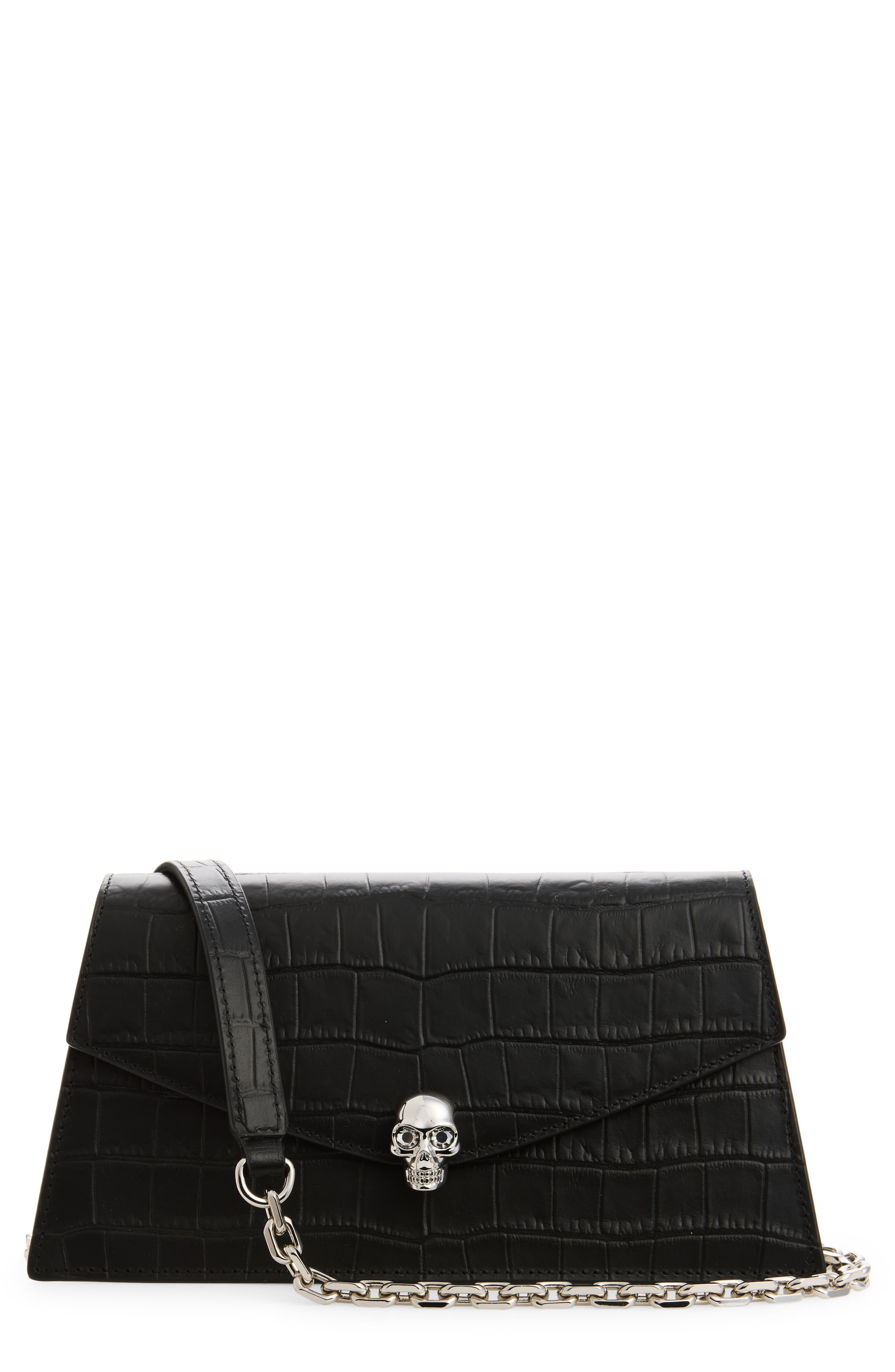 McQueen Mini Skull Croc Embossed Leather Crossbody Bag, Main, color, Black