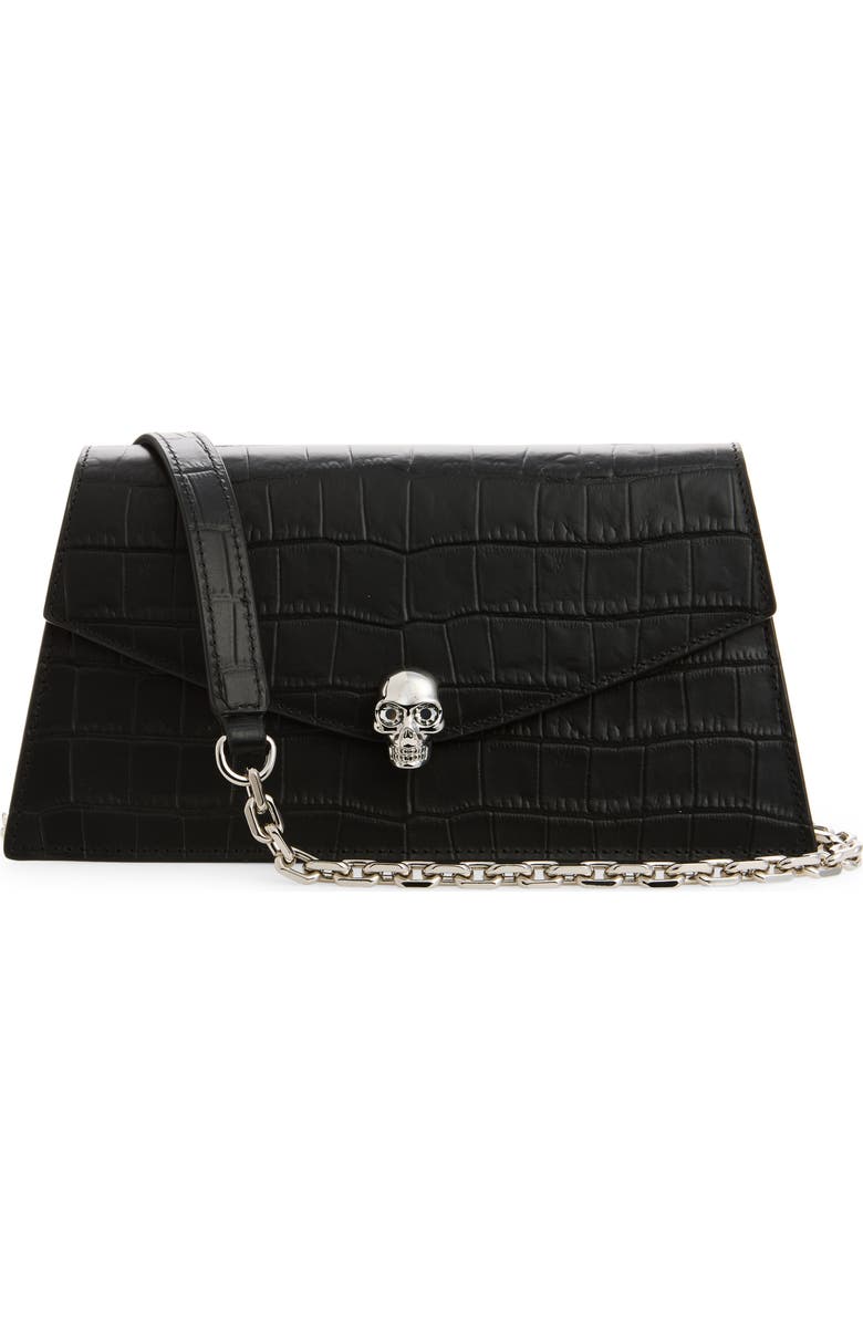 McQueen Mini Skull Croc Embossed Leather Crossbody Bag, Main, color, Black