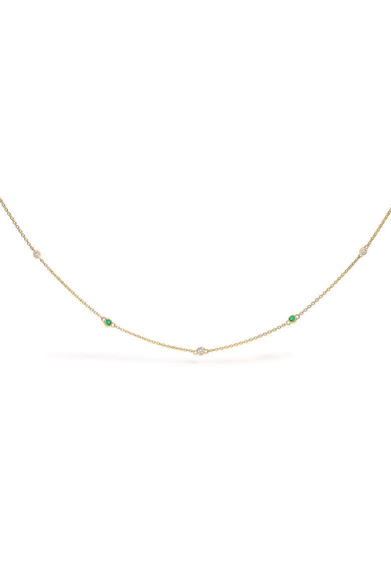 14K Yellow Gold Bezel Set Alternating Green Emerald and Diamond Station Necklace, Main, color, Yellow