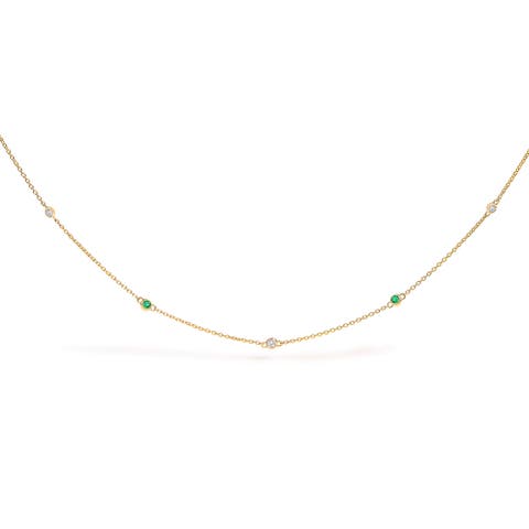 14K Yellow Gold Bezel Set Alternating Green Emerald and Diamond Station Necklace