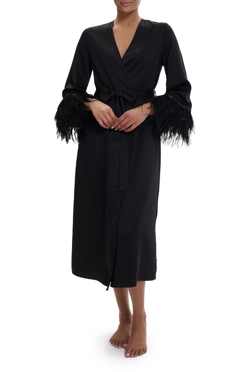 Rya Collection Swan Ostrich Feather Trim Charmeuse Robe, Main, color,