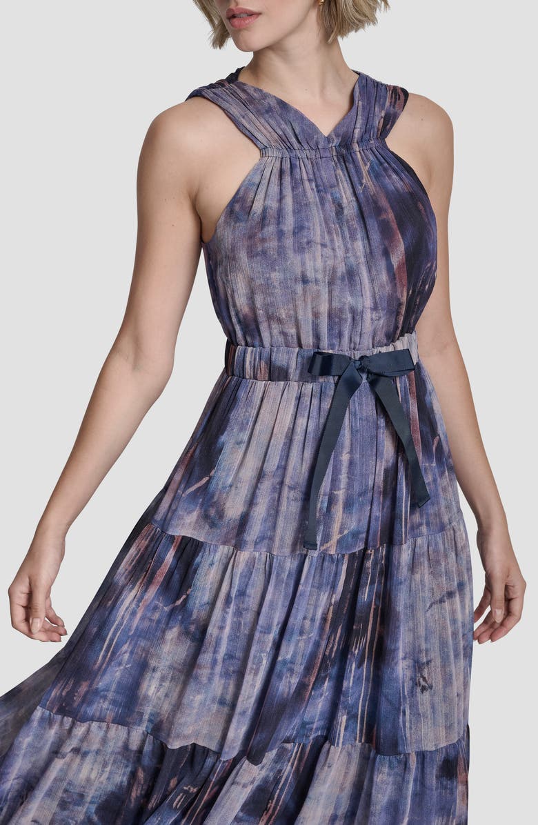 DKNY Pleated Tie Waist Chiffon Midi Dress, Alternate, color, Hudson Lights