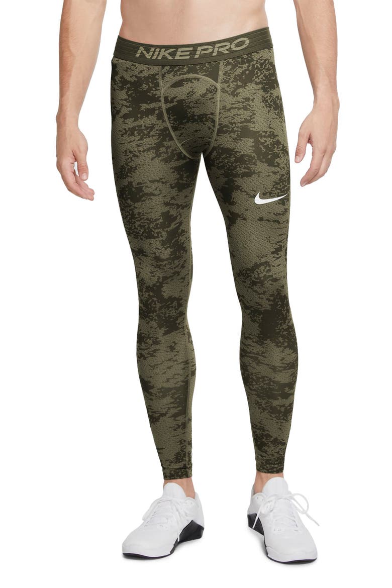 Print Dri-FIT Men's Tights, Main, color, MEDIUM OLIVE/ WHITE