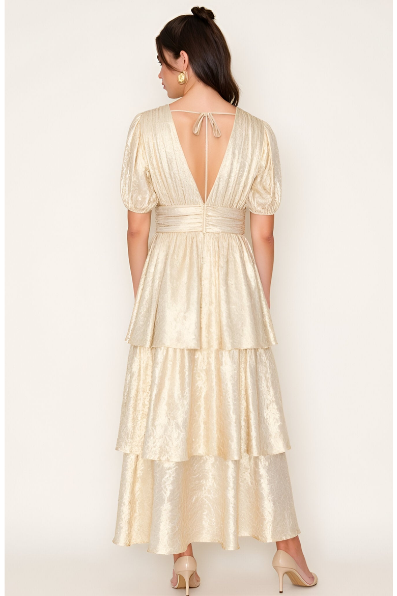 Tiered Metallic Puff Sleeve Pleated Waist Maxi Dress, Alternate, color, Metallic Gold