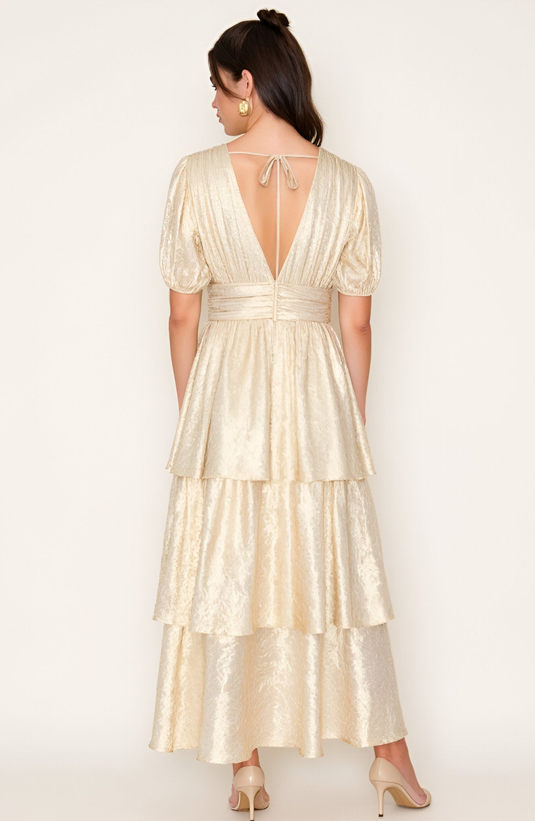Modenaire Tiered Metallic Puff Sleeve Pleated Waist Maxi Dress, Alternate, color, Metallic Gold