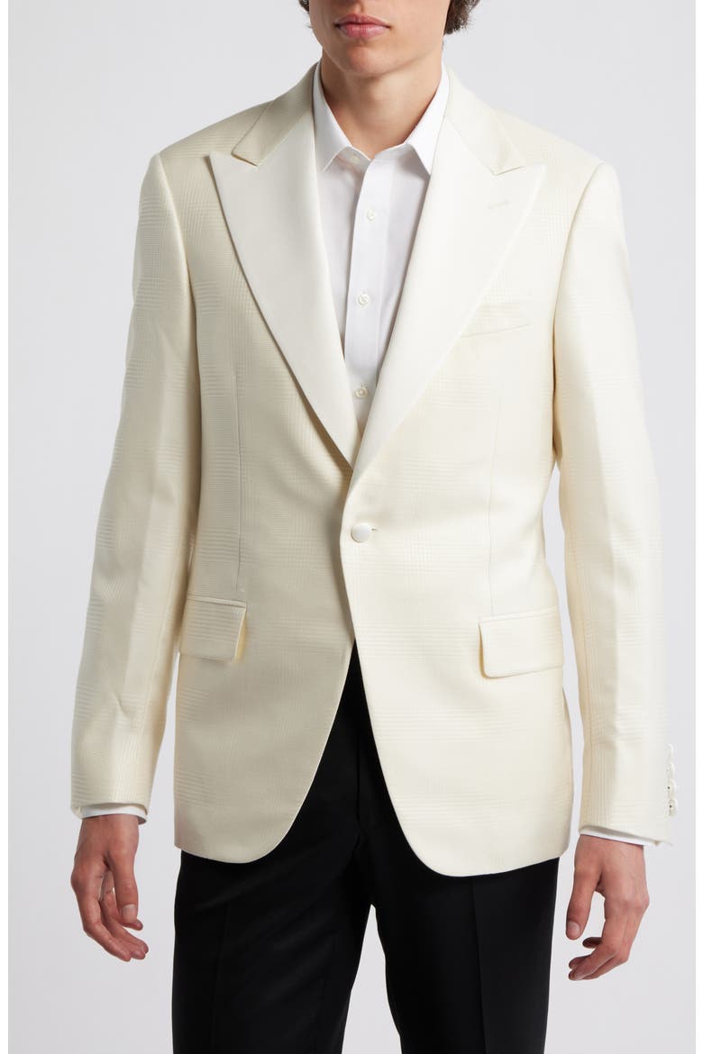 Ivory Plaid Jacquard Wool & Silk Peak Lapel Dinner Jacket, Alternate, color, OFF WHITE