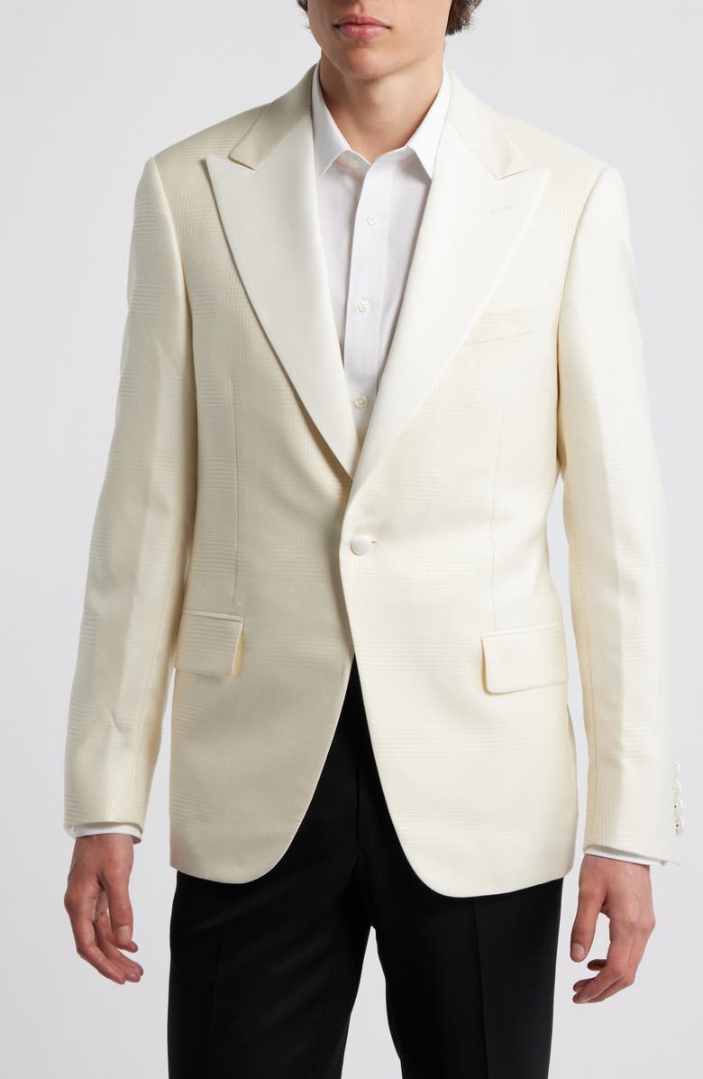 Heritage Gold Ivory Plaid Jacquard Wool & Silk Peak Lapel Dinner Jacket, Alternate, color, Off White