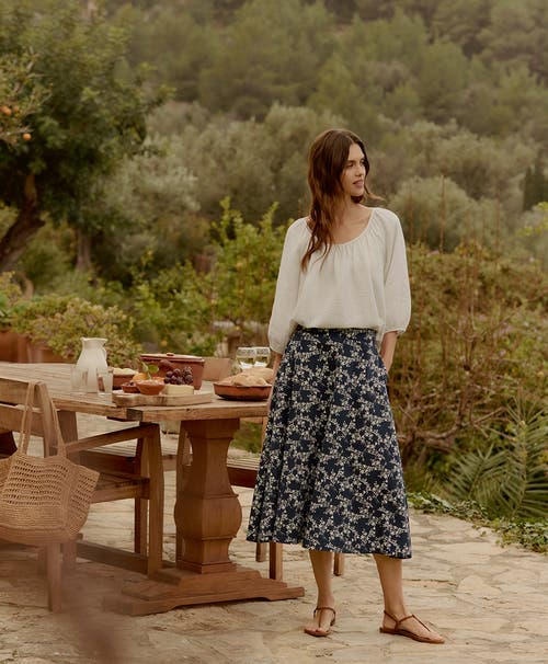 Pact Organic Cotton Fit & Flare Midi Skirt In Bouquet Blooms Midnight Blue