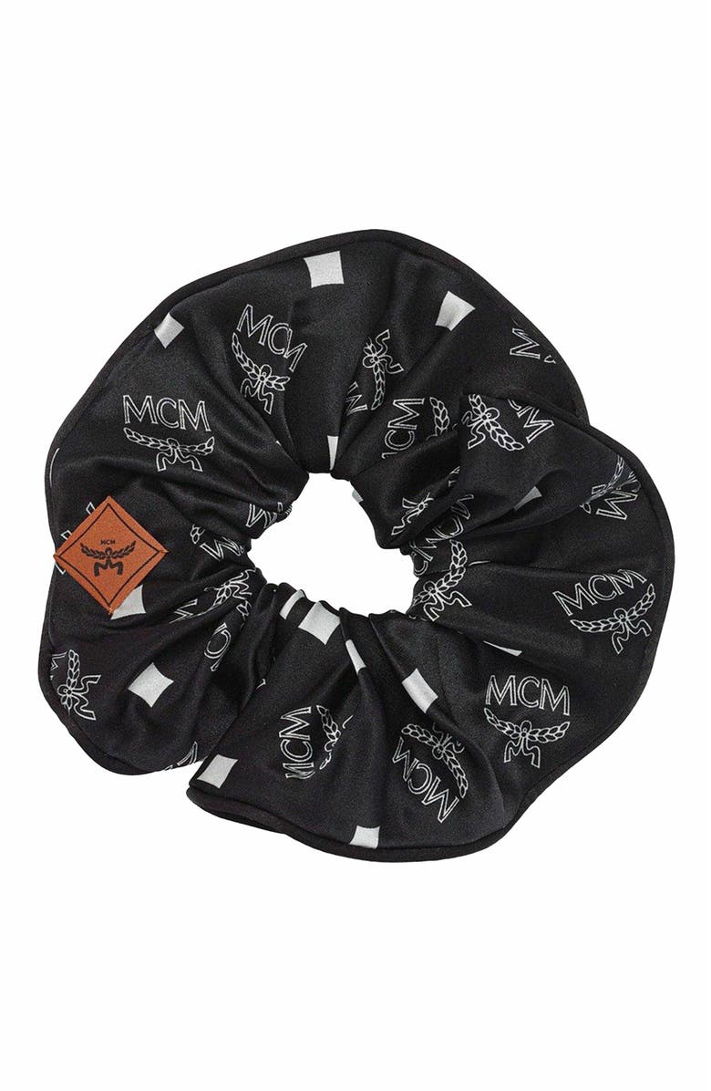 MCM Monogram Print Silk Scrunchie, Alternate, color, Black