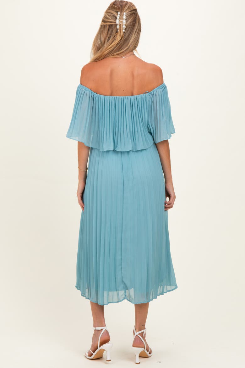 Pleated Off Shoulder Flounce Midi Dress, Alternate, color, Blue