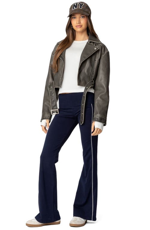Shop Edikted Livie Foldover Flare Leggings In Navy