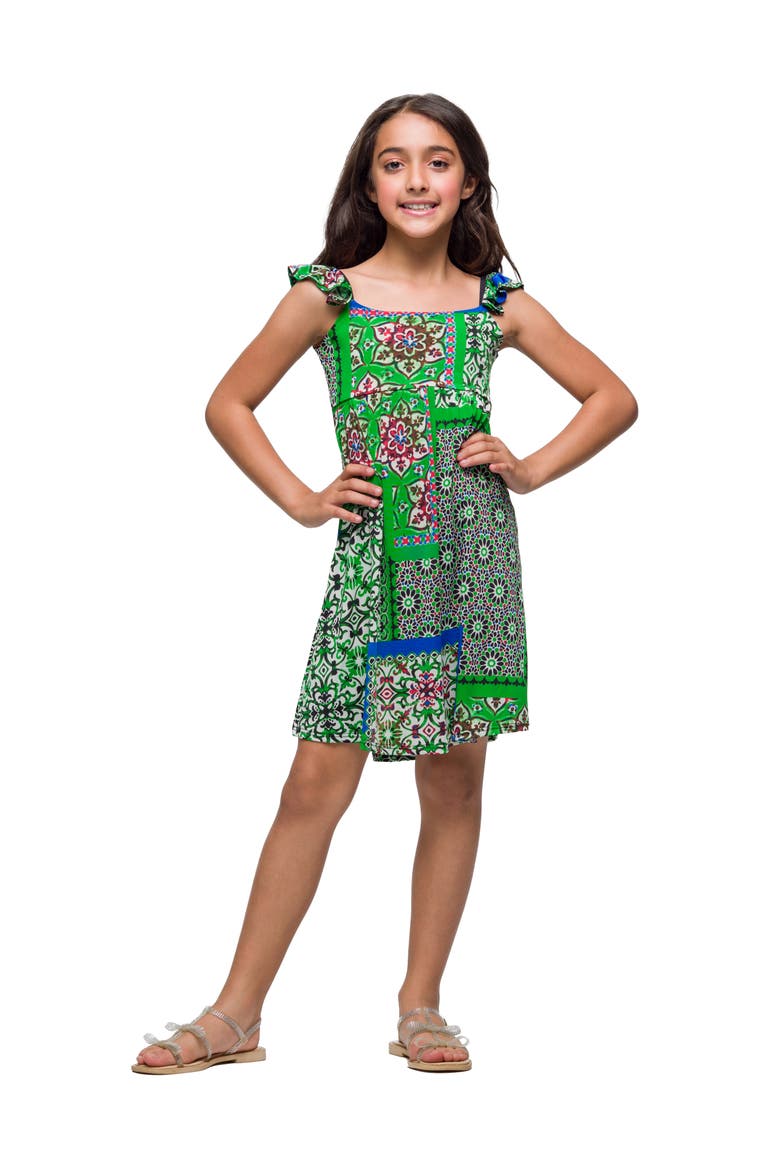 Green Scarf Print Ruffle Summer Dress, Main, color, Green Multi