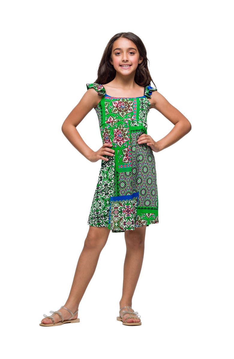 24sevenKid Green Scarf Print Ruffle Summer Dress, Main, color, Green Multi