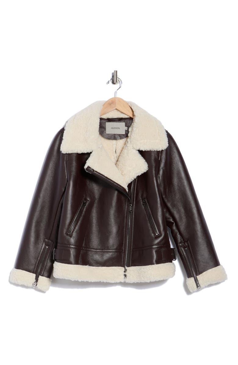 Hudson Jeans Faux Shearling & Faux Leather Moto Jacket, Alternate, color, Brown