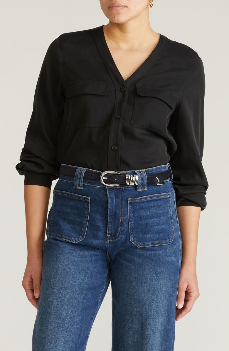 Universal Standard Cooling V-Neck Button-Up Shirt, Main, color, Black