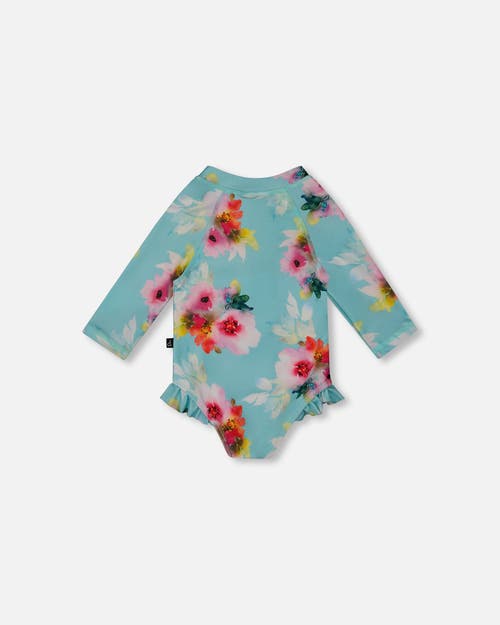 Deux Par Deux Baby Girl's Printed One-piece Rashguard With Frills Turquoise And Pink Flowers In Turquoise And Pink Flowers
