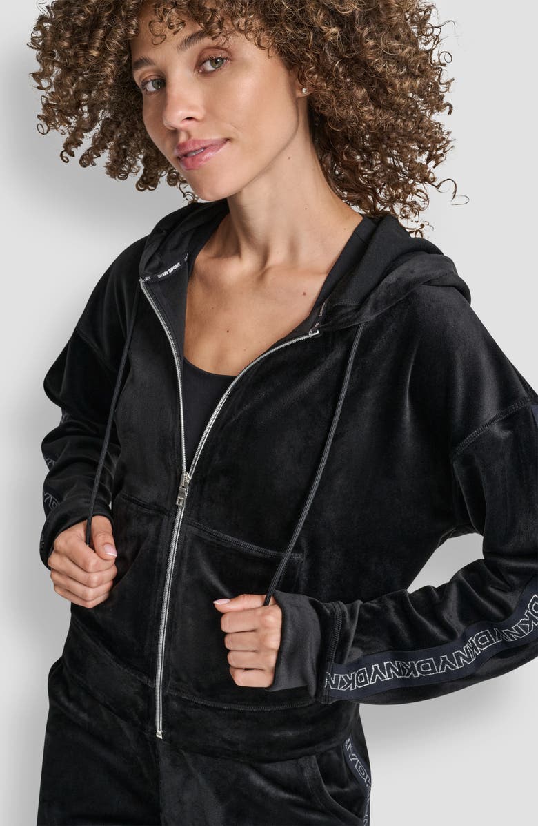 DKNY Velour Zip-Up Hoodie, Alternate, color, Black/ Silver