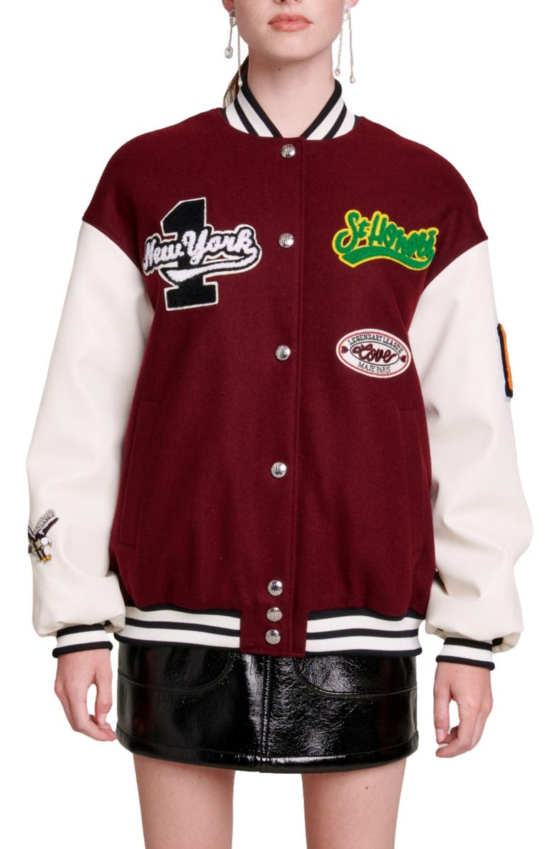 maje Belove Wool Blend Letterman Jacket, Main, color,