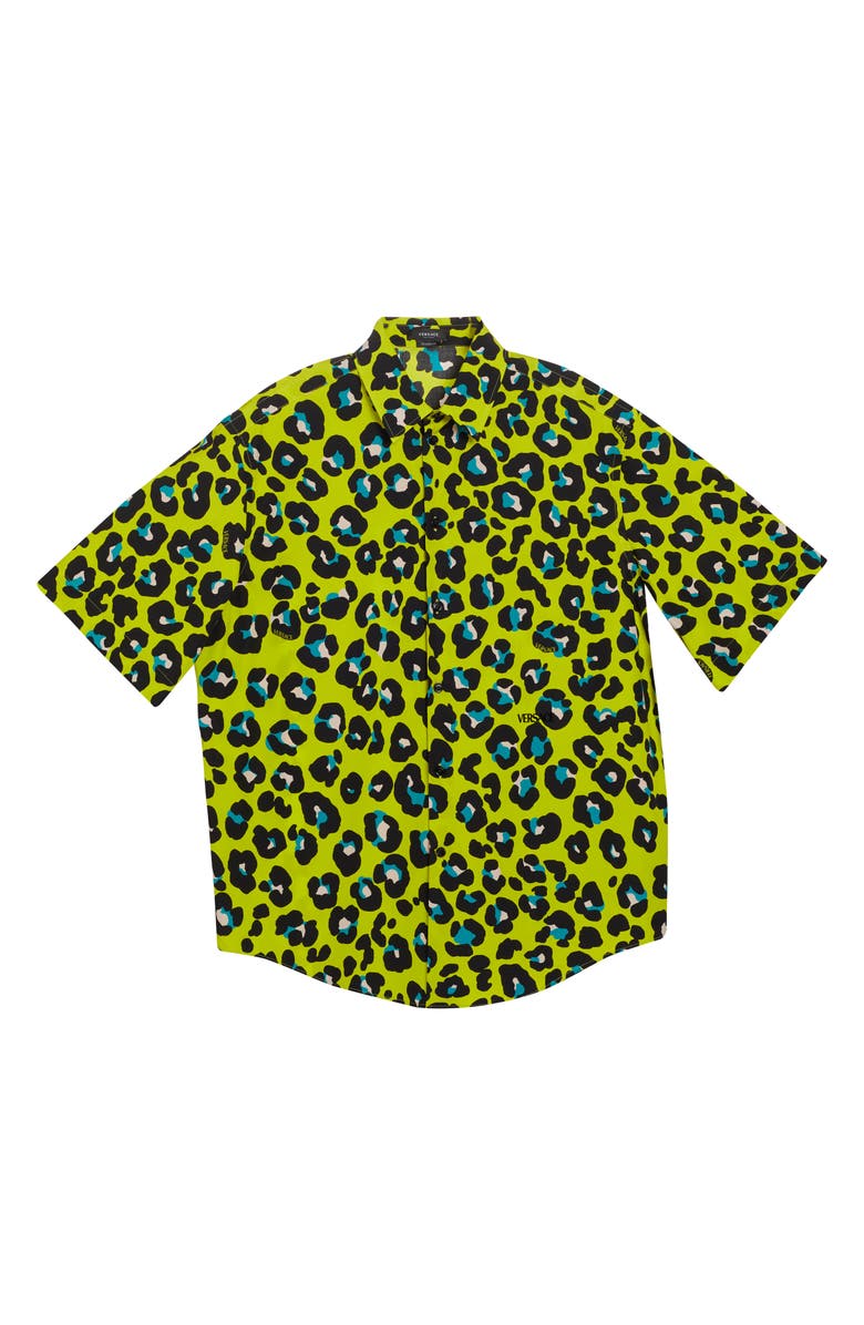 Versace Leopard Print Short Sleeve Cotton Button-Up Shirt, Alternate, color,