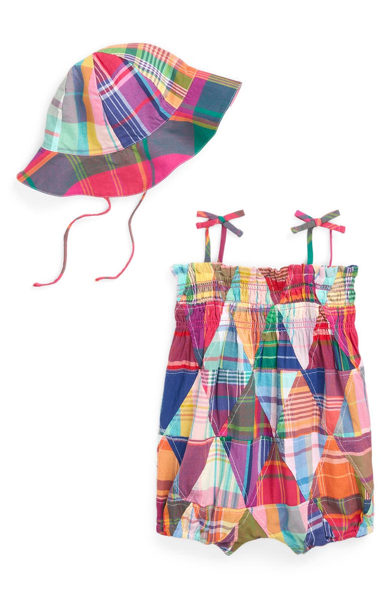 Ralph Lauren Patchwork Cotton Romper & Sun Hat, Main, color, 